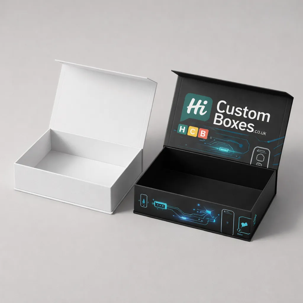 Two premium hinged lid boxes, one white and one black with custom blue digital graphics inside. class=